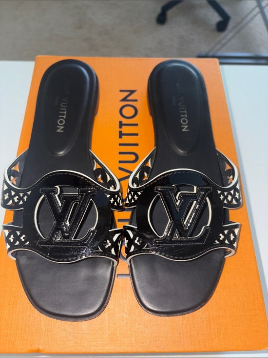 Louis Vuitton Shoes - Louis Vuitton Black Patent LV Logo Slide Sandals